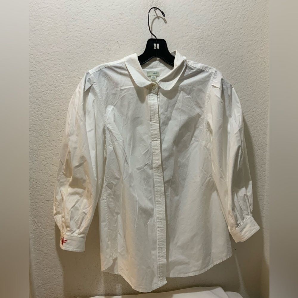 Anthropologie Odille white top  button size 6 puffed sleeves red embroidered